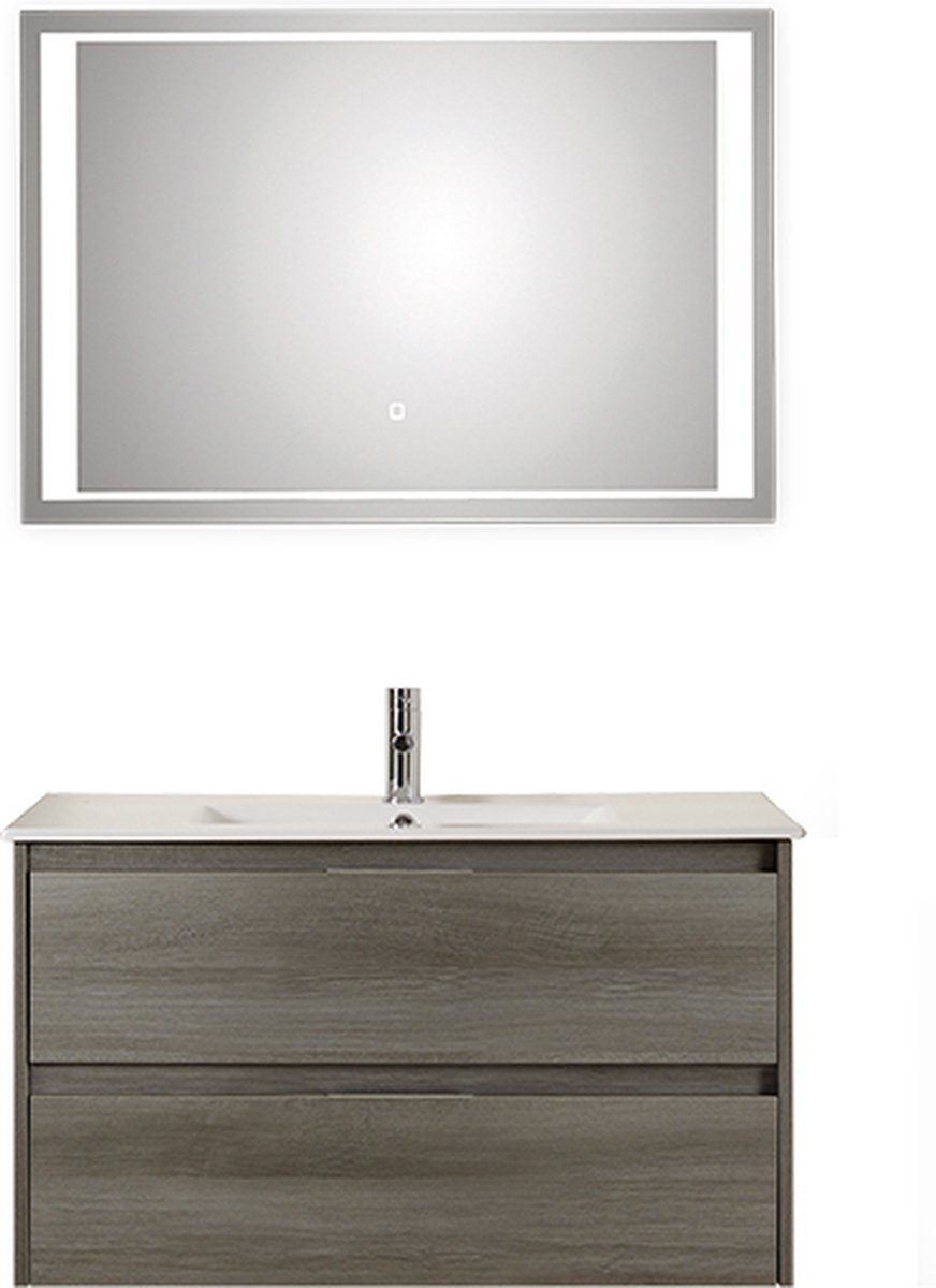 Badkamermeubel Pelipal Calypsos 91 cm wastafelonderkast met luxe spiegel Grafiet Structuur met kraangat