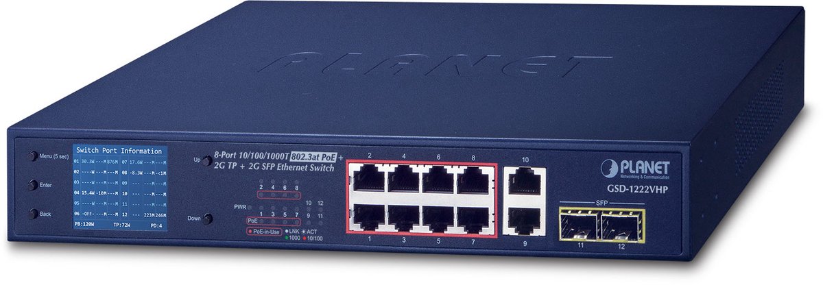 PLANET GSD-1222VHP netwerk-switch Unmanaged Gigabit Ethernet (10/100/1000) Power over Ethernet (PoE) 1U Blauw