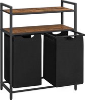 Wasmand 2 vakken – Wassorteerder - Uitschuifbaar met 2 planken - 73 x 33 x 91 cm – Wasmand met uitneembare zakken en klittenband sluiting - 76L verdeeld over 2 zakken – Wasmand zwart metaal - Bruinhout