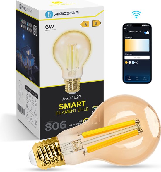 Aigostar 10YIG - Smart Filament Lamp - LED Lichtbron e27 - Ø 6 cm - Slimme Verlichting - Afstandsbediening- Timer - Dimbaar - Warm Wit licht - 6W