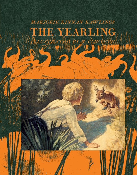 Boekomslag van 'The Yearling' met een jongen en een hertenkalf in een bos, met oranje kraanvogels op de achtergrond.