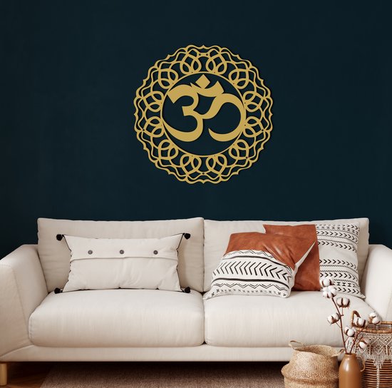 Wanddecoratie |Mandala Om| Metal - Wall Art | Muurdecoratie | Woonkamer | Buiten Decor |Gouden| 90x90cm