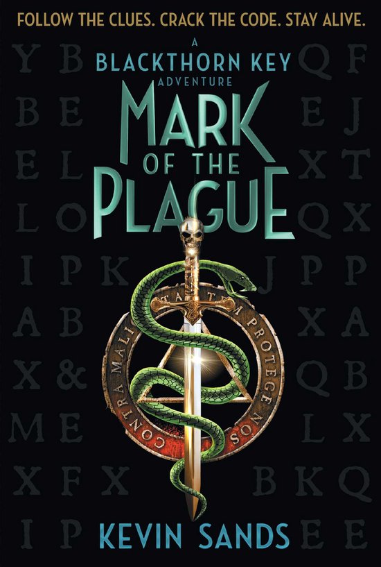 Boekomslag van 'Mark of the Plague' met een zwaard, slang, schedel en de tekst 'Follow the clues. Crack the code. Stay alive.'
