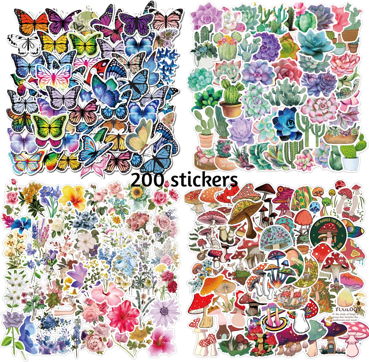 Natuur Stickers - set 200 stuks -  Bloemen Planten Paddenstoelen Vlinders - Versiering Laptop Stickers - Stickervellen - van Theo