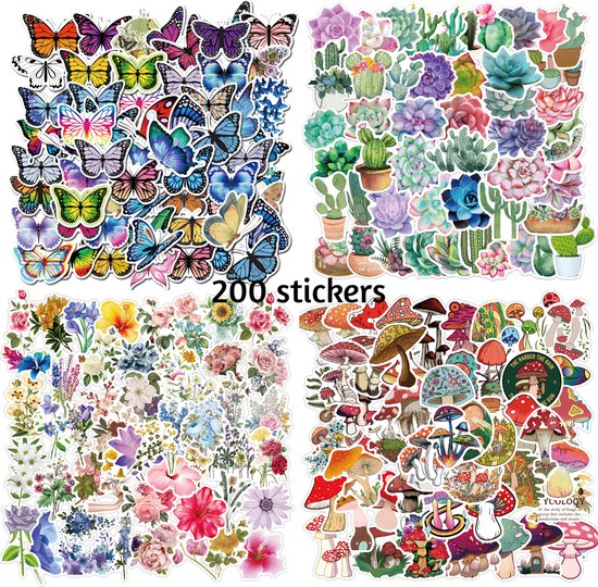 Foto: Natuur stickers set 200 stuks bloemen planten paddenstoelen vlinders versiering laptop stickers stickervellen