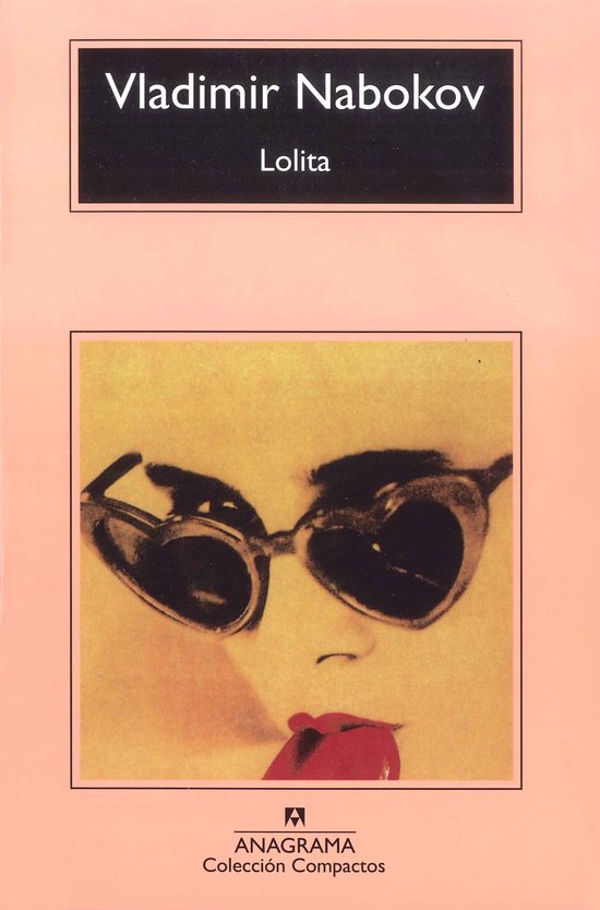 Boek "Lolita" van Vladimir Nabokov, met een retro afbeelding van een vrouw met hartvormige zonnebril en rode lippen.