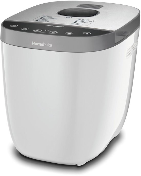 Witte Morphy Richards Homebake broodbakmachine met grijze rand. Zilverkleurig deksel met knoppen.