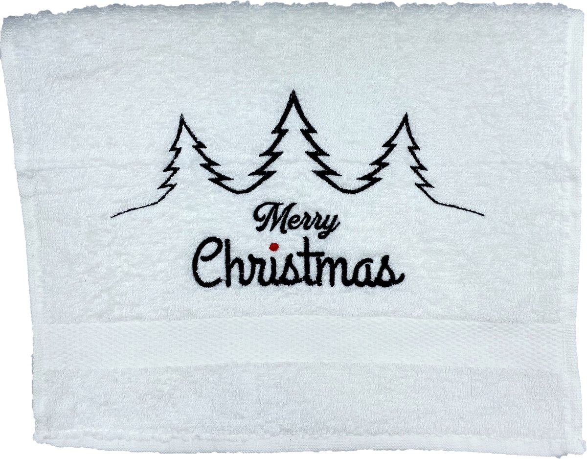 Gastendoekje - Kerst - Wit - Merry Christmas Trees - Geborduurd