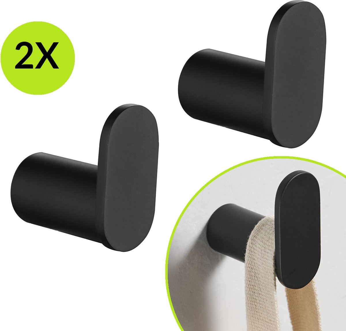 Handdoekhaakjes Zwart - Boren - 2x Wandhaakjes - Handdoekhouder Badkamer