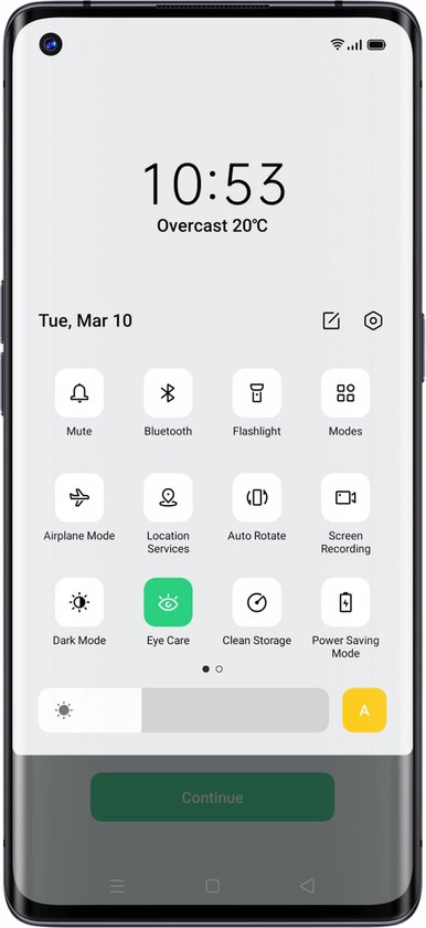 Scherm van een OPPO telefoon met klok (10:53), datum (di, 10 mrt), weerbericht (bewolkt 20°C) en snelkoppelingen.