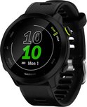 Zwart Garmin Forerunner 55 sporthorloge met digitale wijzerplaat waarop '10 10' en 'Mon 1' staat.