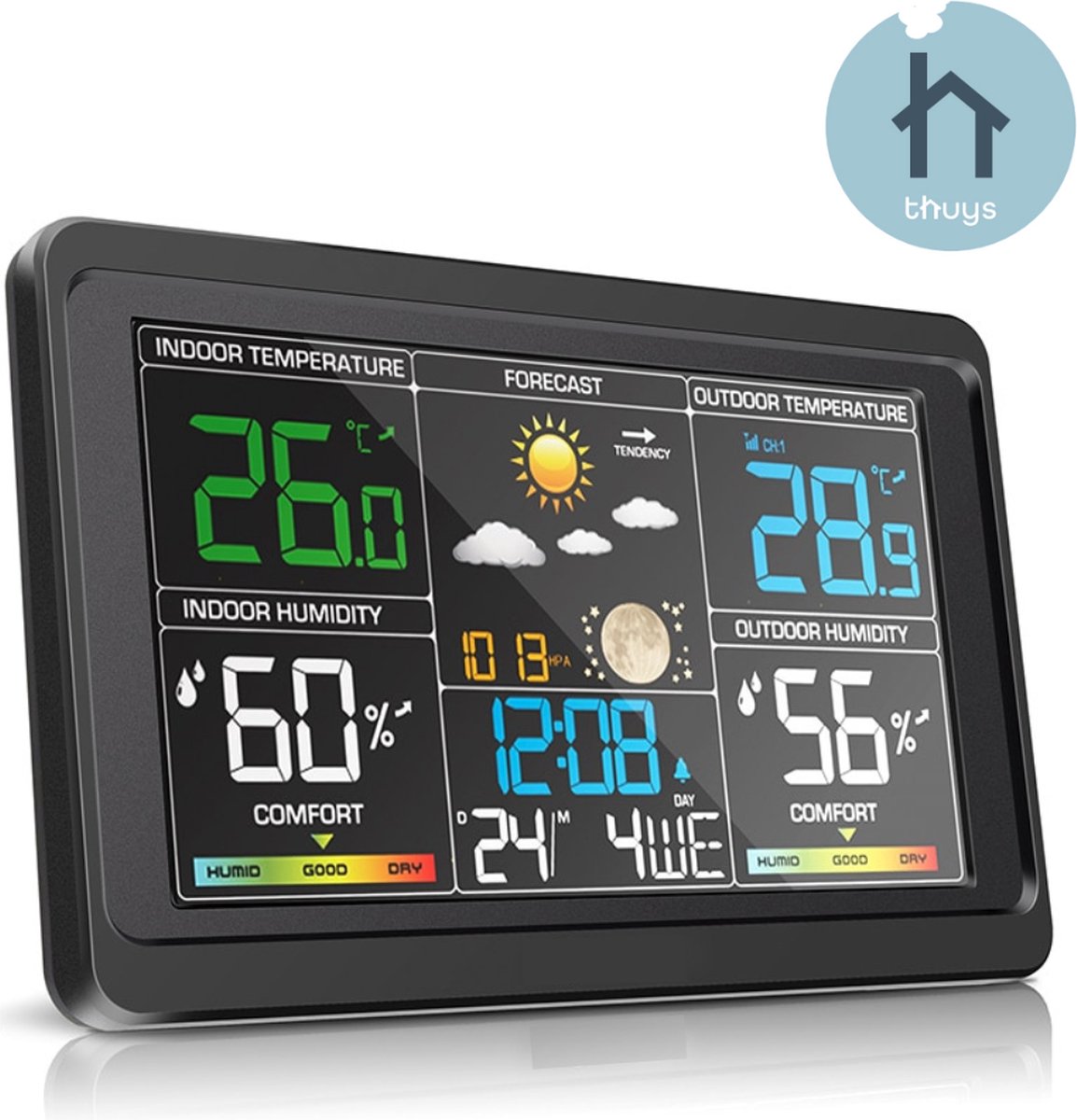 Thuys Draadloze Weerstation Thermometer - Thermometer Binnen - Hygrometer - Tafelklok - Incl. Digitale Wekker - Zwart