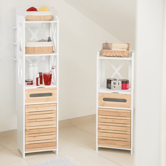 Relaxdays Badkamerkast Met Wasmand - Wasbox - Badkamerrek Bamboe Opbergkast Badkamer