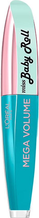 Turquoise en roze mascara met de tekst 'MEGA VOLUME miss Baby Roll'.