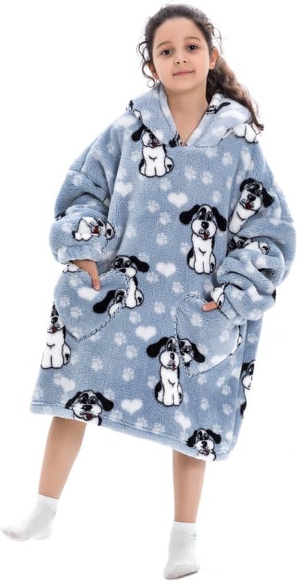 Honden fleece hoodie deken met mouwen kind – fleece poncho kind – plaid met mouwen - kids 8/12 jaar – maat 134/158 – lengte 75 cm - chillen – Warm & zacht – relax outfit kids – lichtgrijs - Badrock