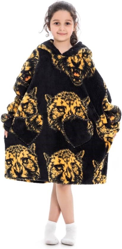 Tijgerkop fleece hoodie deken met mouwen kind – fleece poncho kind – plaid met mouwen - kids 8/12 jaar – maat 134/158 – lengte 75 cm - chillen – Warm & zacht – relax outfit kids – zwart - Badrock