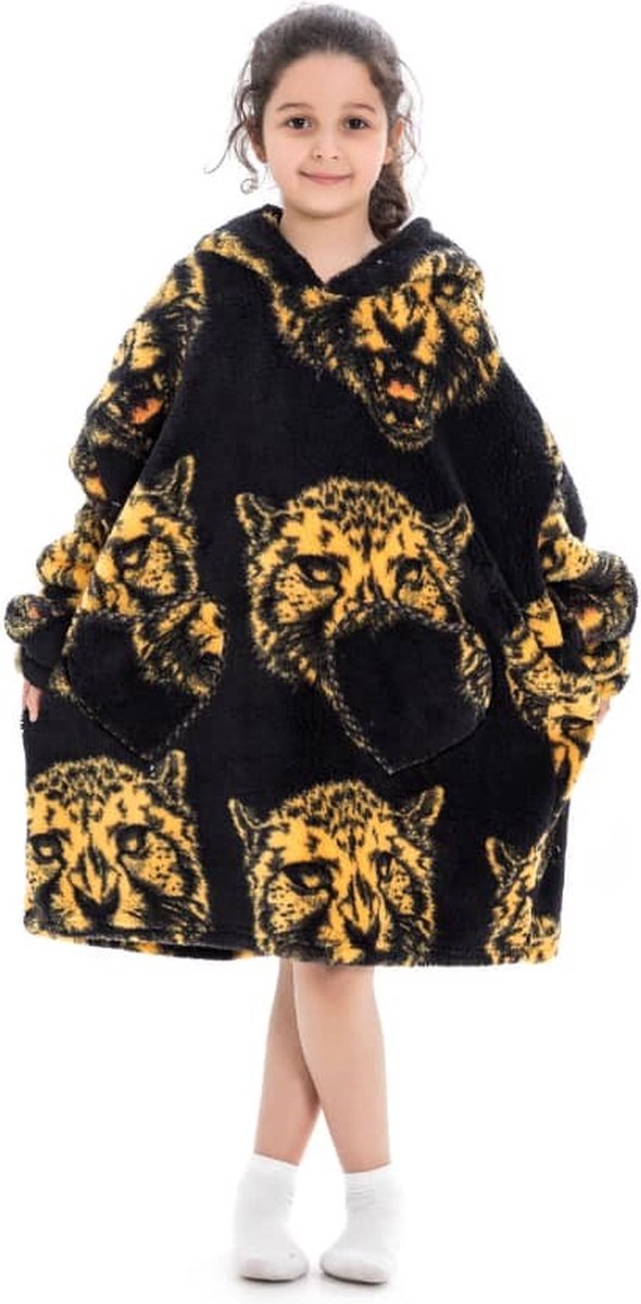 Tijgerkop fleece hoodie deken met mouwen kind – fleece poncho kind – plaid met mouwen - kids 8/12 jaar – maat 134/158 – lengte 75 cm - chillen – Warm & zacht – relax outfit kids – zwart - Badrock - Badrock