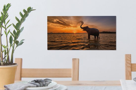 Toile - Éléphant - Coucher de soleil - Water - Décoration murale - 40x20 cm - Peintures sur toile - Toile canvas