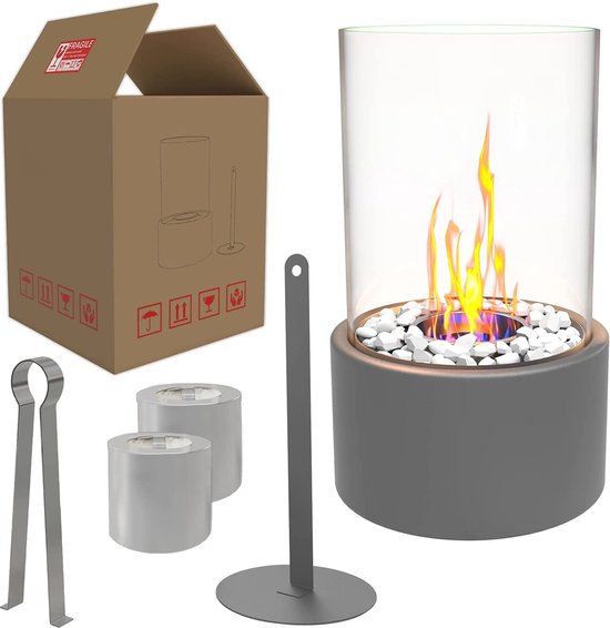 Unique table fireplace, table fire with decorative stones and 2