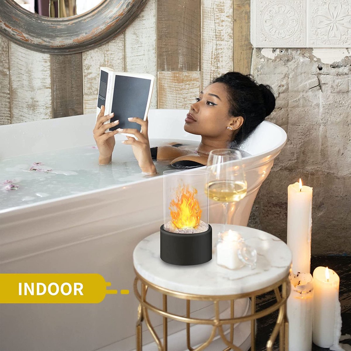 Table fireplace, bioethanol fireplace with natural stones, black table