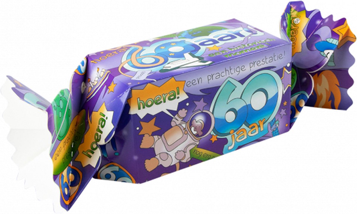 Snoeptoffee - 60 jaar - Gevuld met luxe verpakte toffees - In cadeauverpakking met gekleurd lint