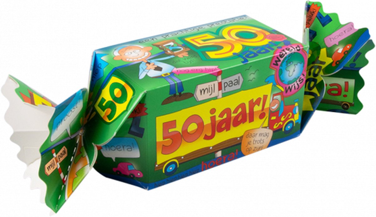 Snoeptoffee - 50 jaar Man - Gevuld met luxe verpakte toffees - In cadeauverpakking met gekleurd lint