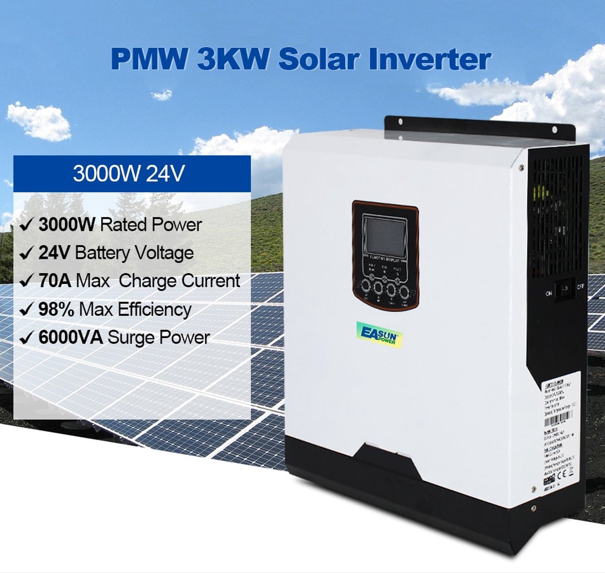 3kva / 2400w hybride hors réseau onduleur solaire 50a contrôleur de charge  solaire 24v 230vac charge de batterie onduleurs à ondes sinusoïdales pures