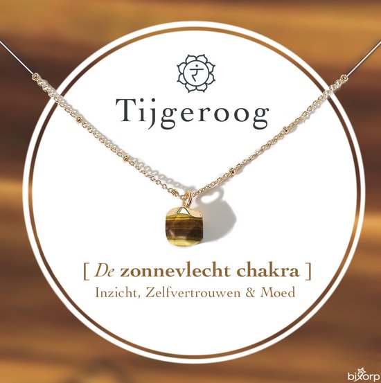 Bixorp Gems Zonnevlecht Chakra Ketting Tijgeroog + 18 Karaat Verguld Goud & Roestvrij Staal - 36cm + 8cm verstelbaar - Solar Plexus Chakra