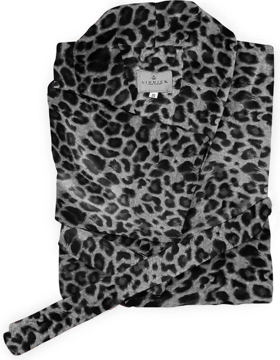 Linnick Flanel Fleece Badjas Leopard - black/white - XL - Badjas Dames - Badjas Heren