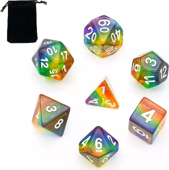 Thumbnail van een extra afbeelding van het spel D&D dice set Rainbow - DnD dobbelstenen set Regenboog - Dungeons and Dragons dobbelstenen Inclusief velvet bewaarzakje - Polydice