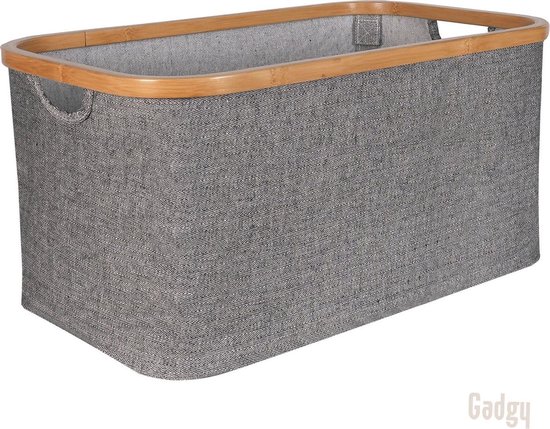 Grijze wasmand met visgraatpatroon en bamboe rand.