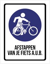 Pictogram/ bord | "Afstappen van je fiets a.u.b." | 19 x 25 cm | Dikte: 1 mm | Fietsers | Vertragen | Velo | Stapvoets | Festival | Recreatie | 1 stuk