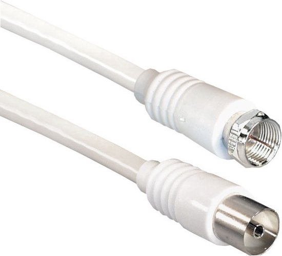 Witte coaxkabel met aan beide uiteinden een metalen connector. De ene is een vrouwelijke F-connector, de andere een mannelijke IEC-connector.