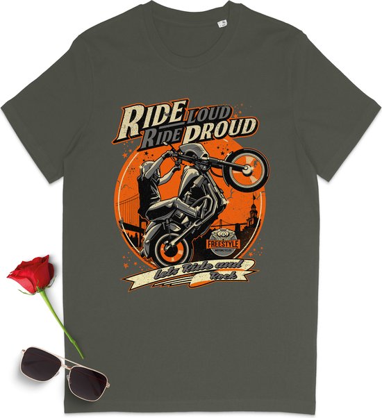 T shirt motard imprimé moto - Tshirt homme motard - T-shirt femme avec imprimé - Tailles : S au 3XL - Coloris : noir, kaki et anthracite.
