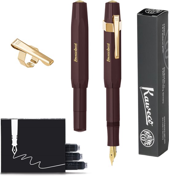 Bordeauxrode Kaweco Sport vulpen, penclip, doos met vullingen en verpakking.