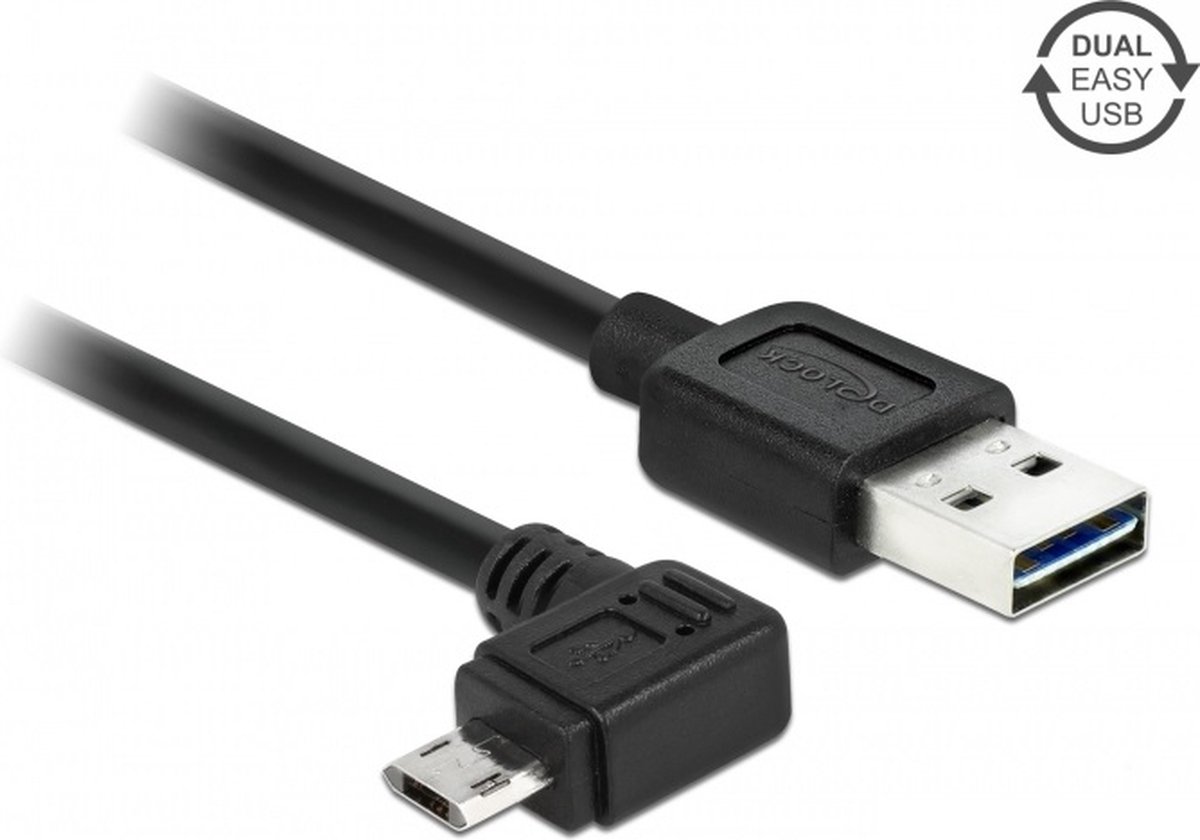 Easy-Micro USB haaks (links/rechts) naar Easy-USB-A kabel - USB2.0 - tot 2A / zwart - 3 meter