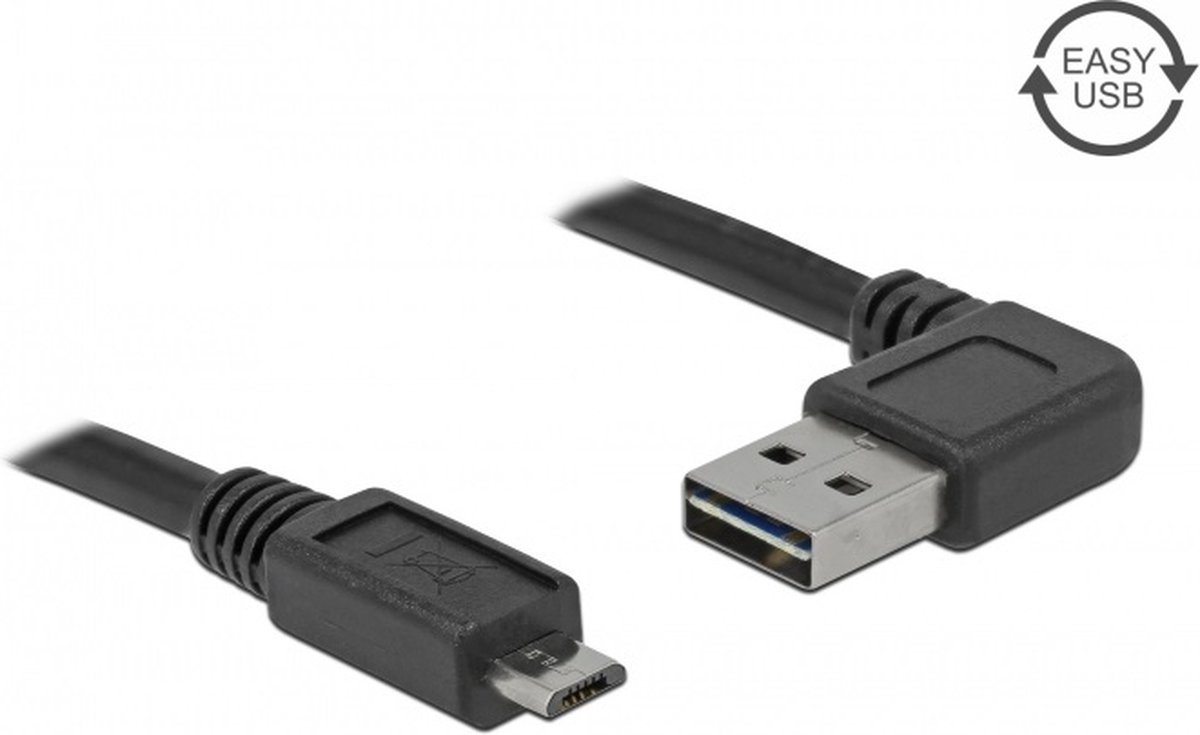Micro USB naar Easy-USB-A haaks (links/rechts) kabel - USB2.0 - tot 2A / zwart - 2 meter