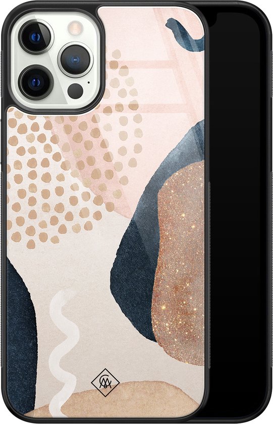 Coque iPhone 12 Pro en verre - Pois abstraits - Marron / beige - Hard Case Zwart - Coque arrière pour téléphone - Motif géométrique - Casimoda