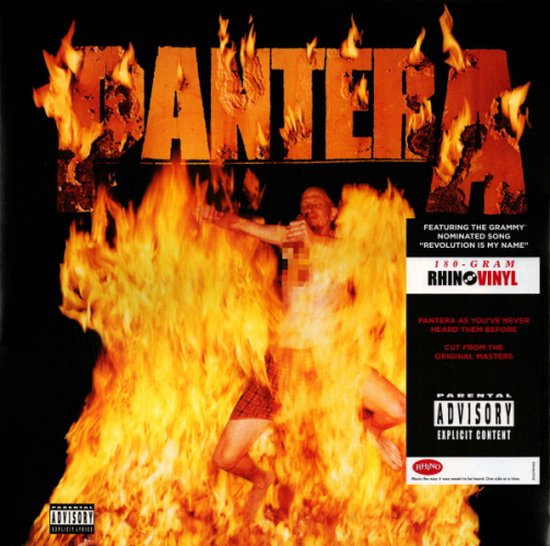 Albumcover met de tekst 'PANTERA' boven een man in een ruitbroek, omringd door vlammen. Stickers met '180-GRAM RHINO VINYL' en 'PARENTAL ADVISORY EXPLICIT CONTENT'.