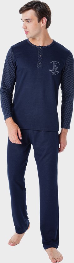 Pijadore - Grote Maten Heren Pyjama Set, Lange Mouwen, Donkerblauw - 2XL