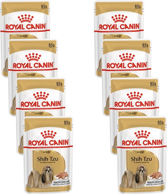 Acht zakjes Royal Canin Shih Tzu Adult hondenvoer in een verpakking.