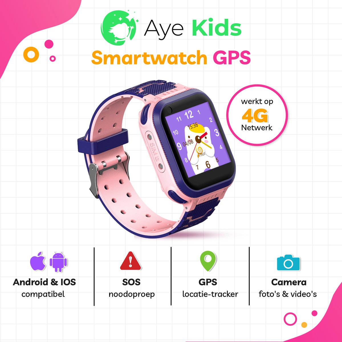 AyeKids SmartWatch Kinderen GPS 4G Netwerk Incl Simkaart GPS
