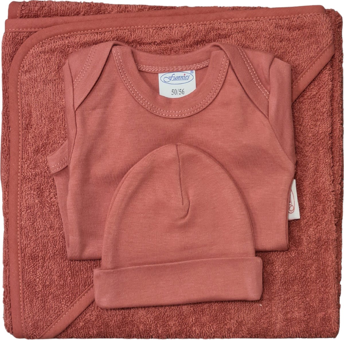 Goedkoopste Funnies- baby cadeau set- Kraamcadeau - Badcape - Baby romper – baby muts - Geboortecadeau - Baby cadeau – copper -roest