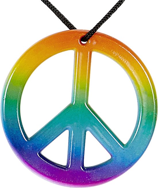 Vredesteken ketting met regenboogkleuren en zwart koord.