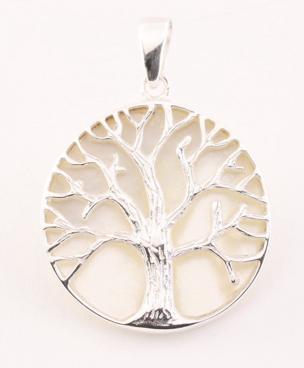 Ronde zilveren hanger met levensboom op parelmoer