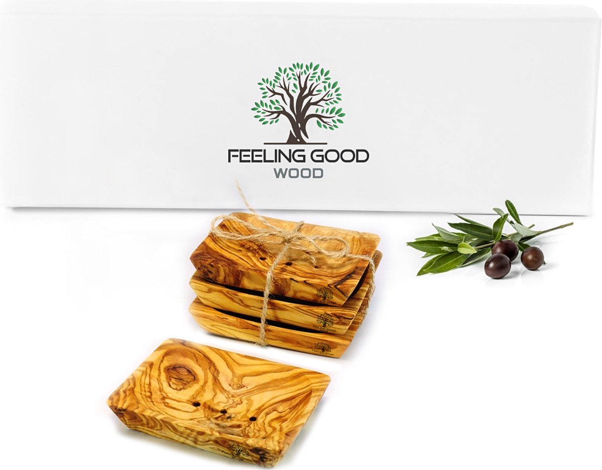 Feeling Good Wood Set van 4 zeepbakjes gemaakt van olijfhout | houten zeepbakje | houten zeepspaarder | papa cadeau