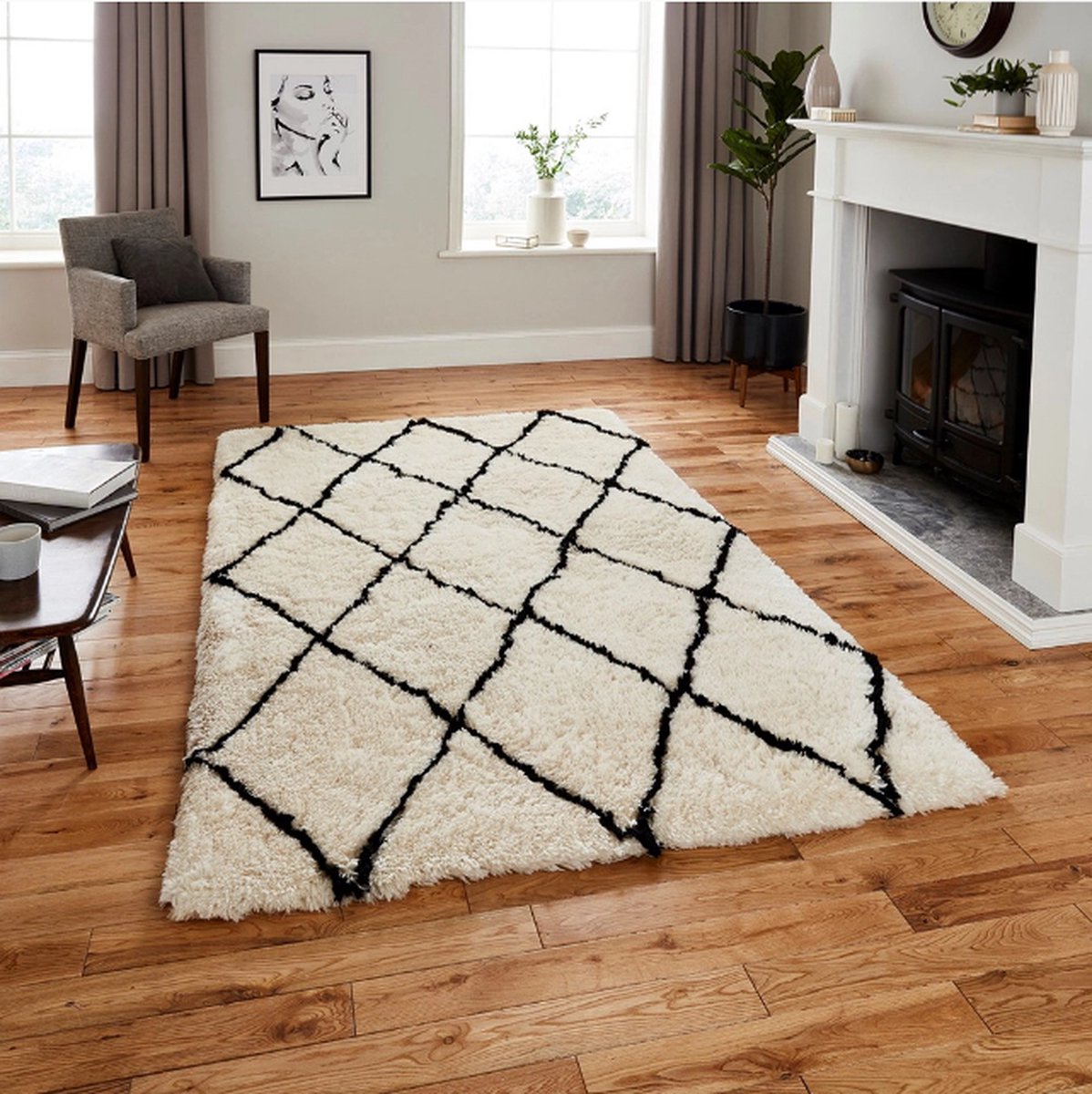 Think Rugs - Vloerkleed Morocco Shaggy - Ivoor/Zwart - 120x170 cm