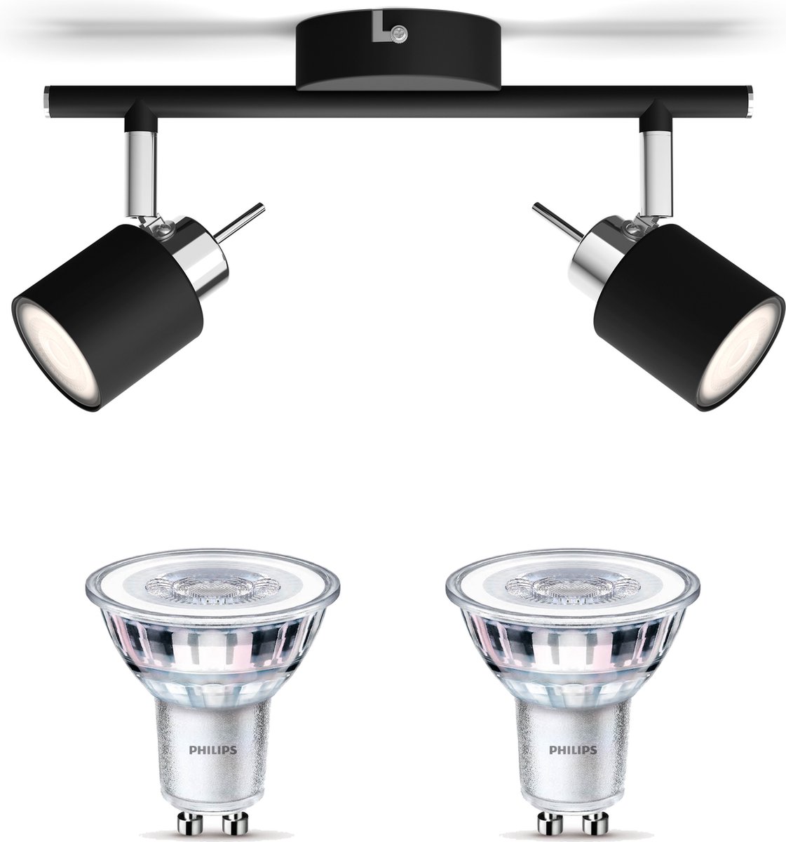 Philips Meranti Opbouwspot met GU10-fitting & Philips LED Scene Switch Spot GU10 50W - LED - Spotjes Opbouw - 2 Lichtpunten - Zwart