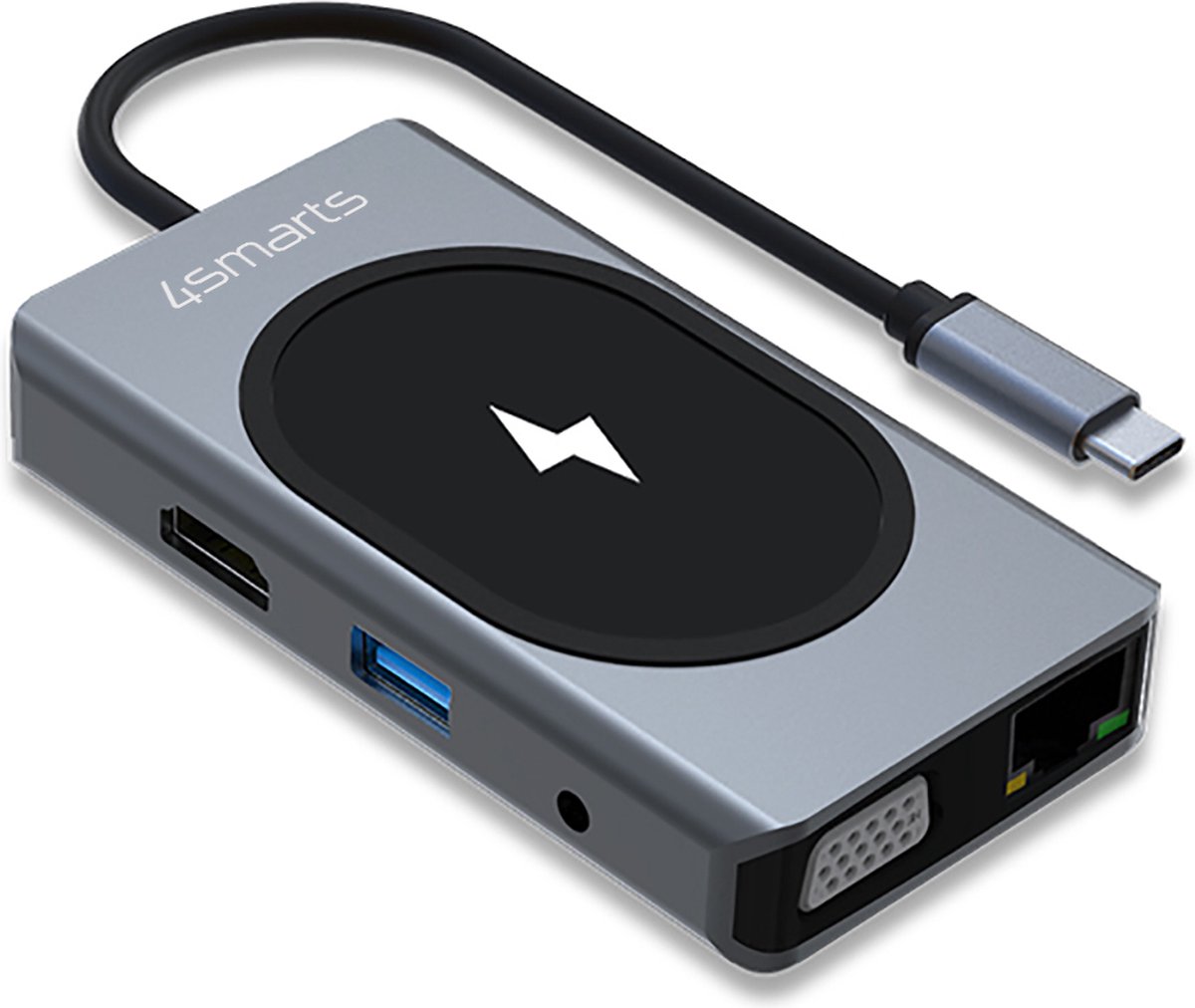 4smarts 9-in-1 USB-C Hub met Draadloze Oplader 15W Grijs