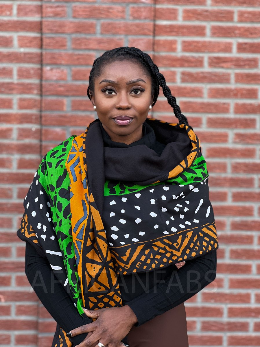 Warme Sjaal met Afrikaanse print Unisex - Groene mud cloth / bogolan - Winter sjaal / Fleece sjaal / Afrika print